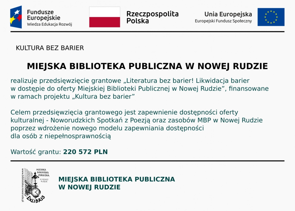 Plakat informujący o dotacji dla biblioteki w ramach projektu KULTURA BEZ BARIER - powiększenie