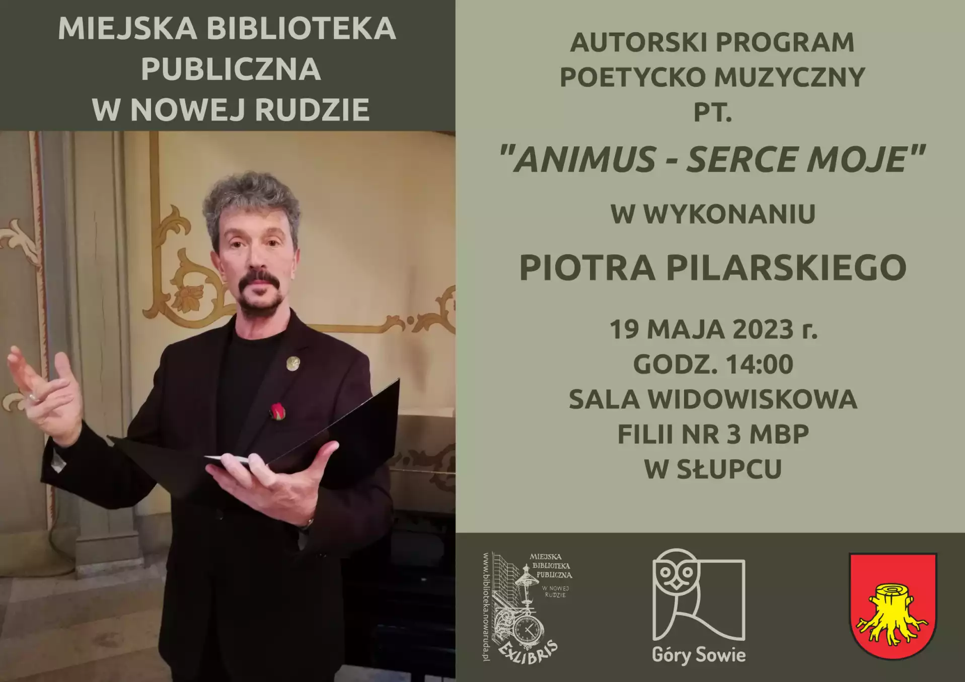 Plakat zapraszający na spotkanie poetycko-muzyczne z Piotrem Pilarskim - powiększenie