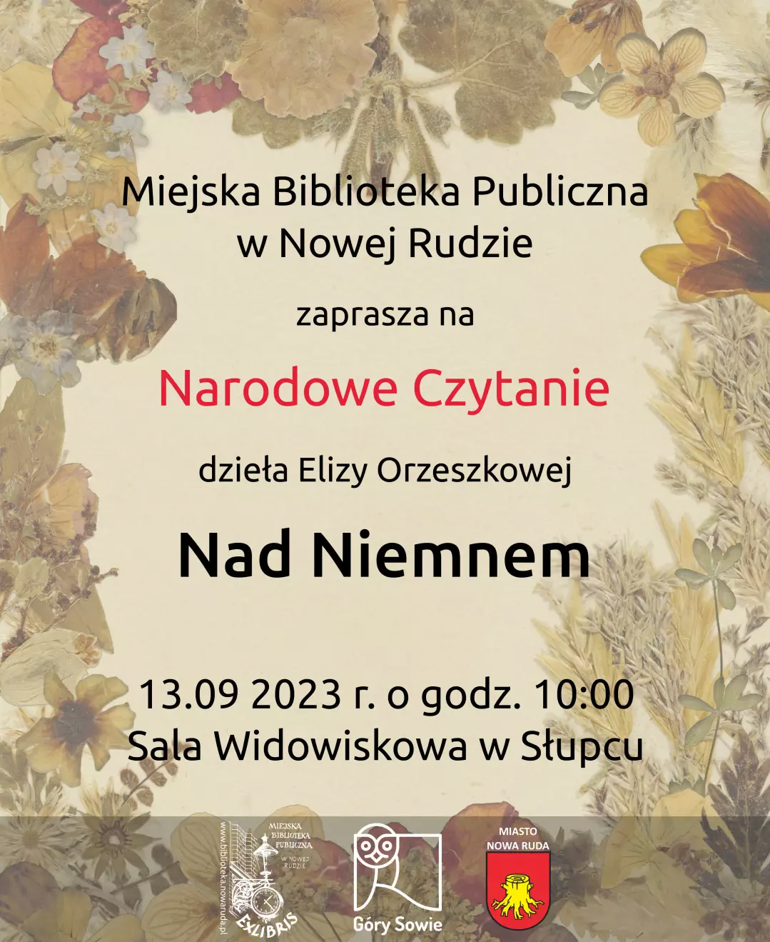 Plakat zapraszający na Narodowe Czytanie Książki Nad Niemnem - powiększenie