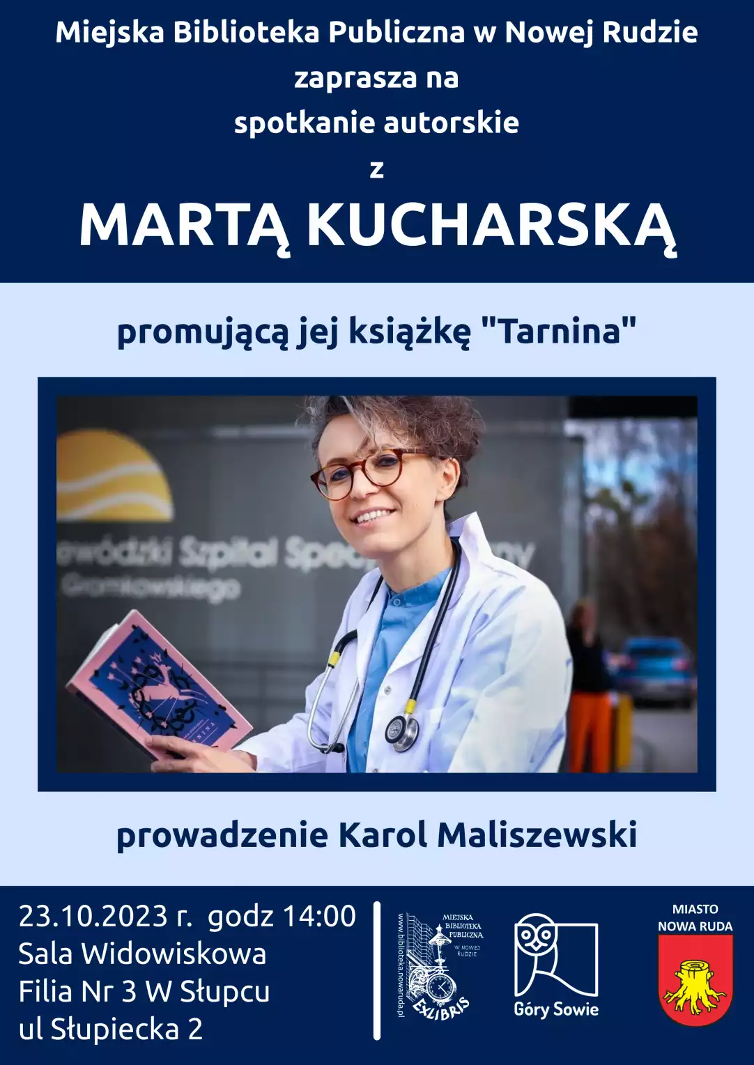 Plakat promujący spotkanie autorskie z Martą Kucharską - powiększenie