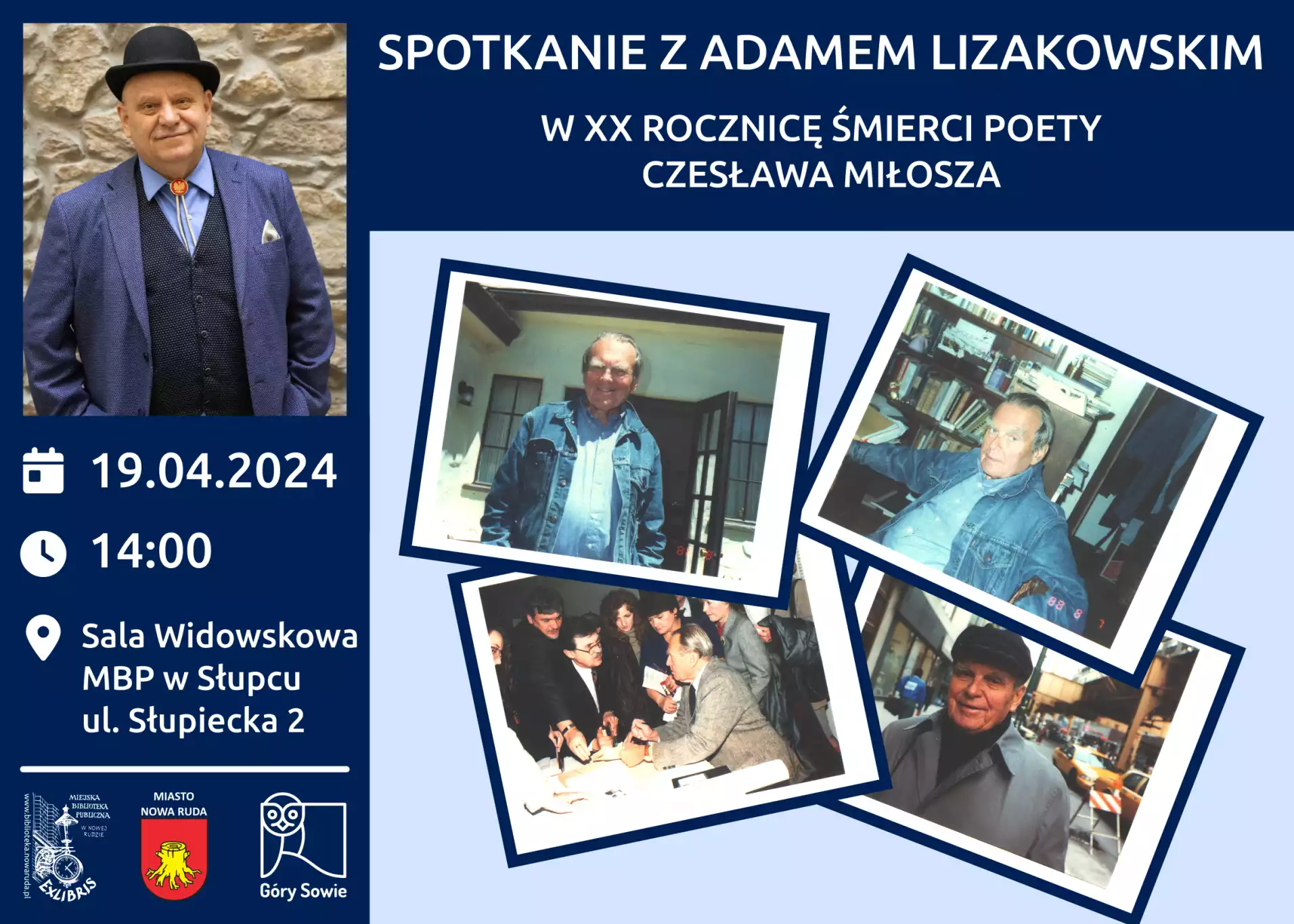 Plakat promujący spotkanie autorskie z Adamem Lizakowskim - powiększenie