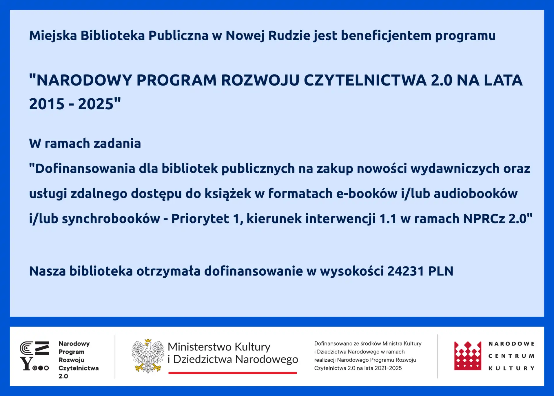 Informacja o dofinansowaniu z Programu Rozwoju Czytelnictwa - powiększenie