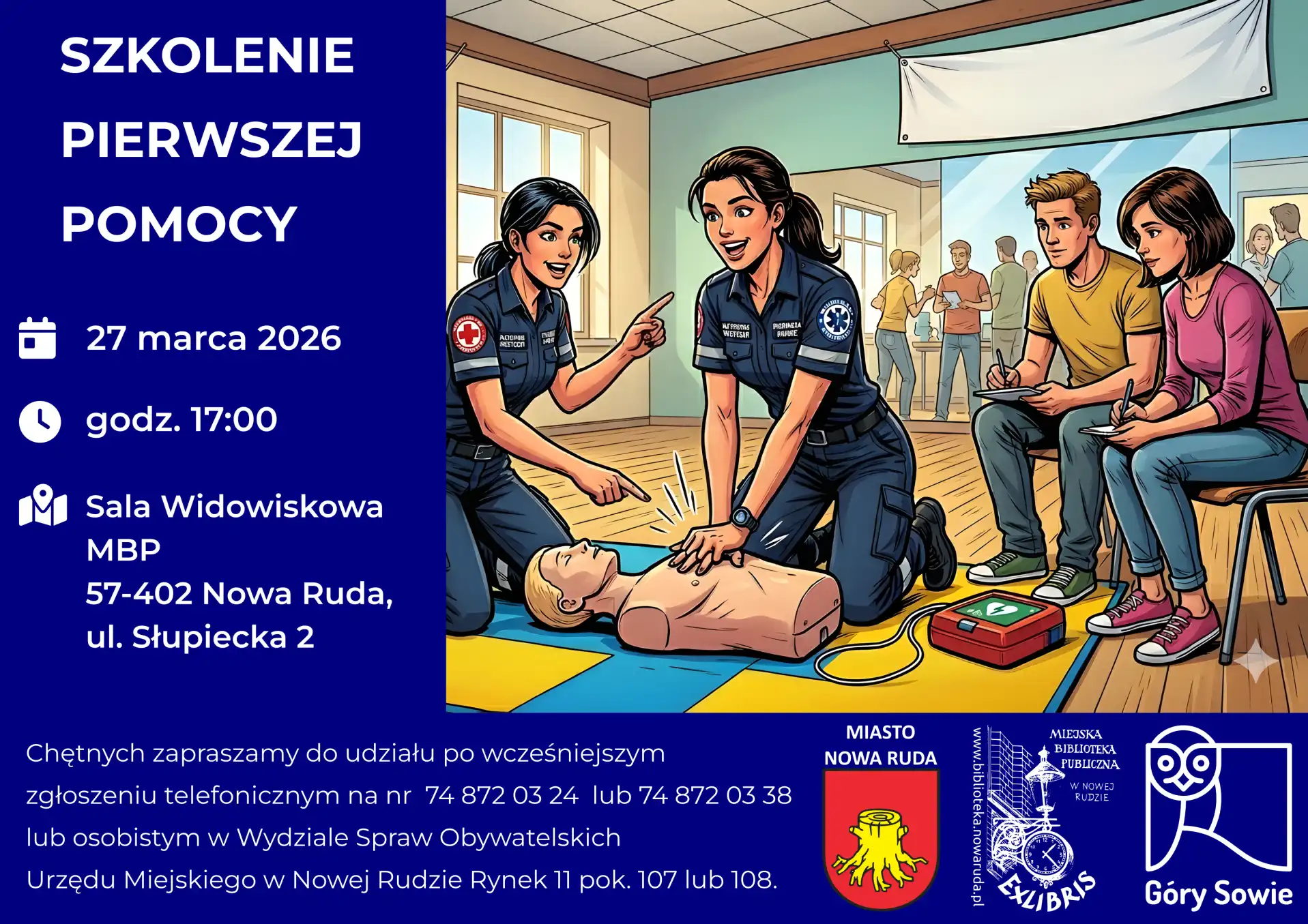 Plakat zapraszający na szkolenie z pierwszej pomocy. - powiększenie