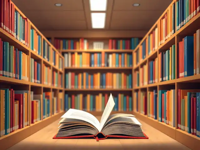 Grafika przedstawiająca otwartą książkę pomiędzy regałami bibliotecznymi.