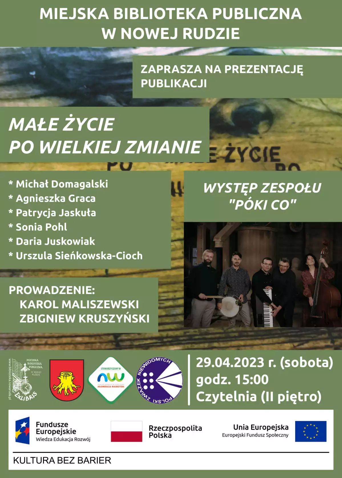 Plakat zapraszający na prezentację publikacji i koncert zespołu Póki Co.