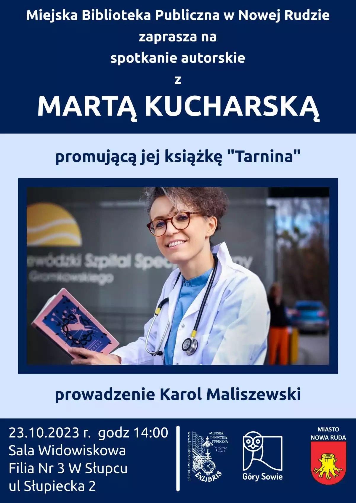 Plakat promujący spotkanie autorskie z Martą Kucharską