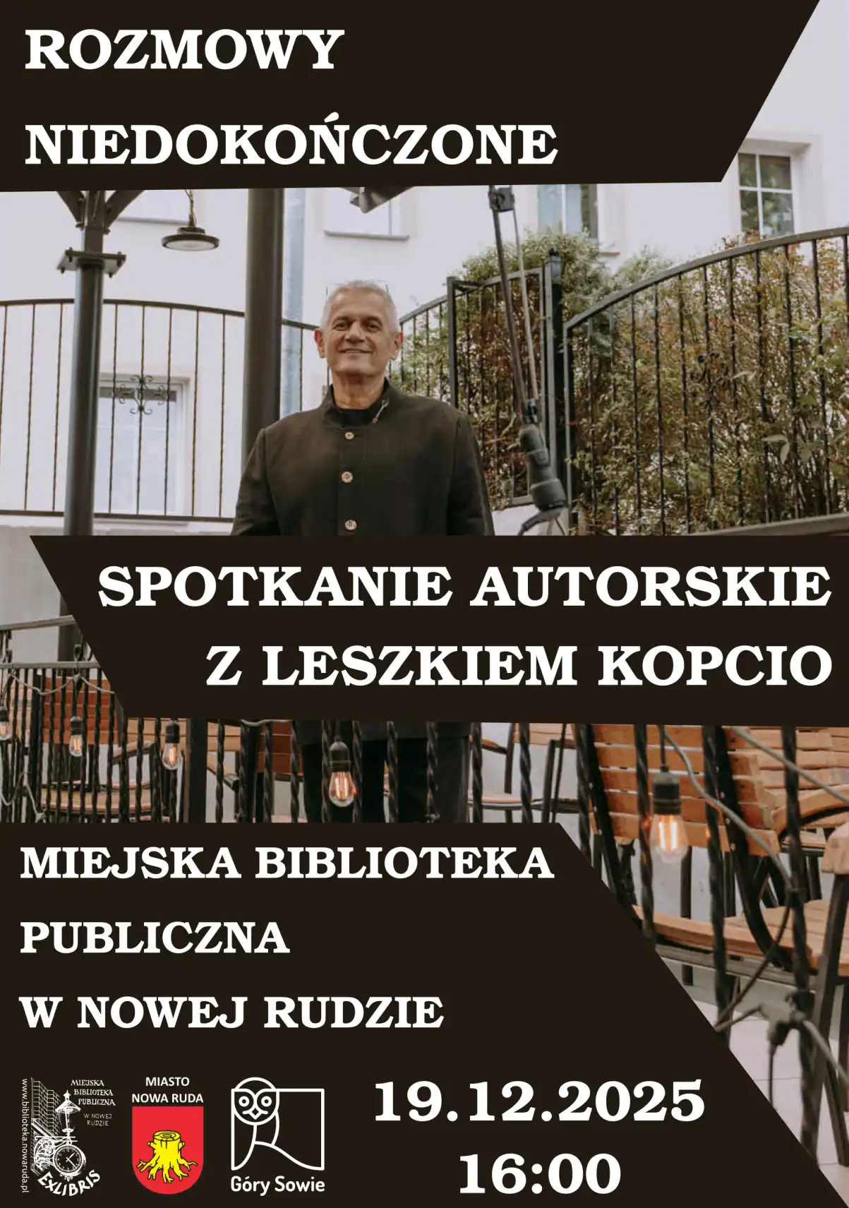 Plakat informujący o spotkaniu autorskim z Leszkiem Kopcio
